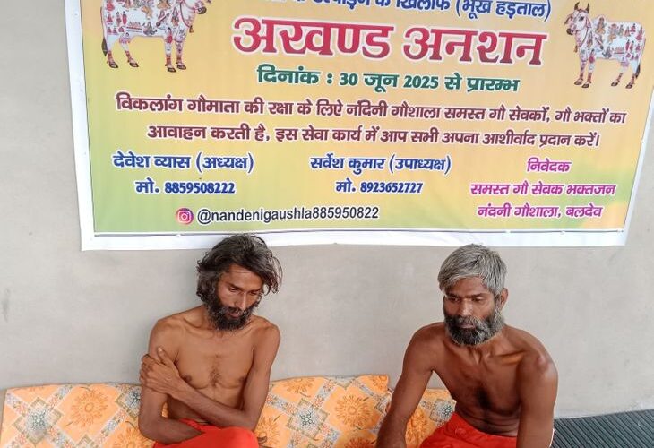 Hunger strike for 10 days in Nandini Gaushala land dispute | नंदिनी गौशाला भूमि विवाद में 10 दिन से भूख हड़ताल: दो साधुओं की हालत बिगड़ी, दवा लेने से इनकार; गौरक्षकों ने किया प्रदर्शन – Mathura News